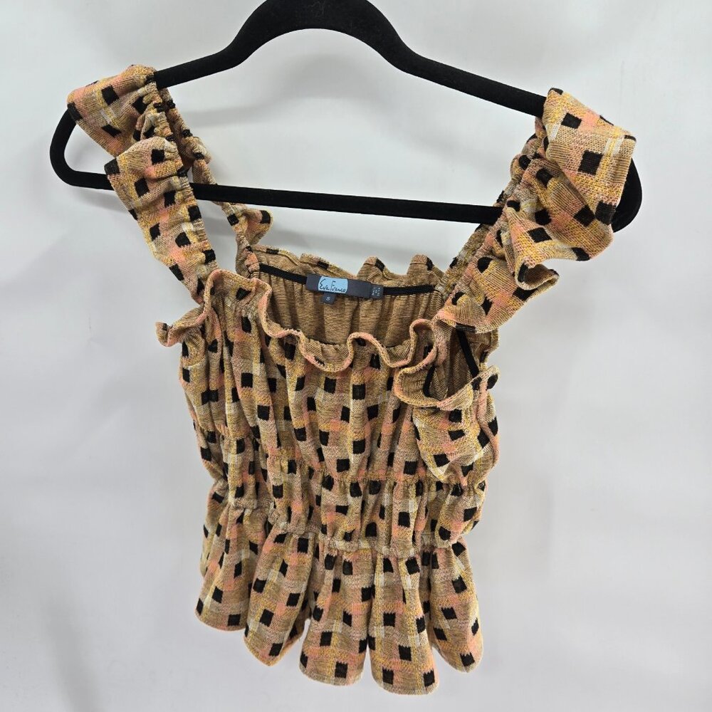 Anthropologie Eva Franco Brown Checkered Square Ruffled Retro Tank Top Small